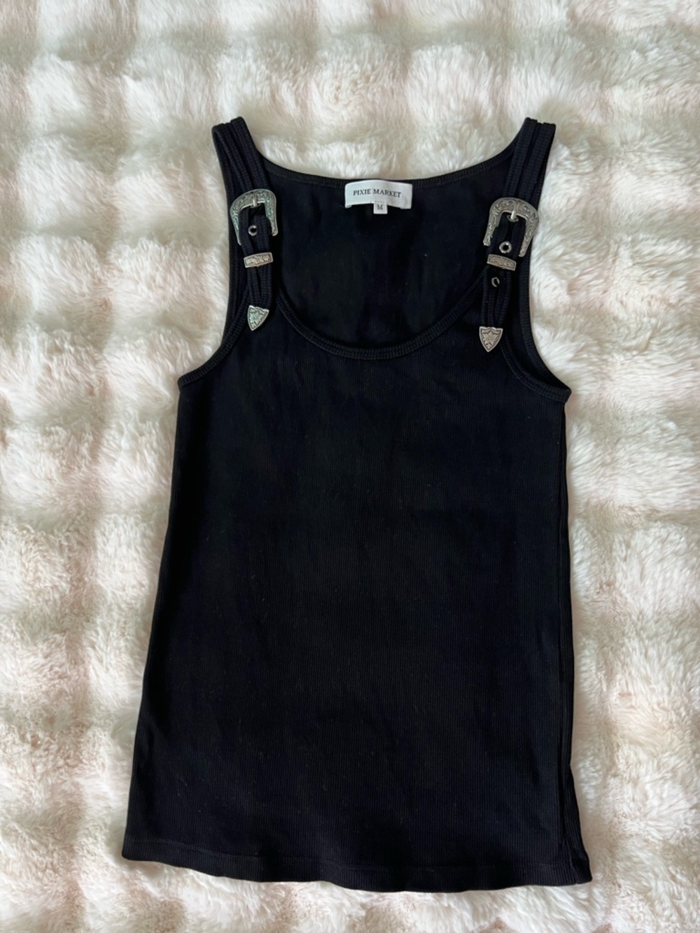 Pixie Market Black Ribbed Tank with Silver Buckle Straps